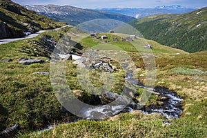 Seter mountain farm landscape along Aurlandsfjellet scenic route near Kvignadal, Norway