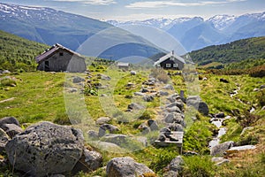 Seter mountain farm landscape along Aurlandsfjellet scenic route near Kvignadal, Norway