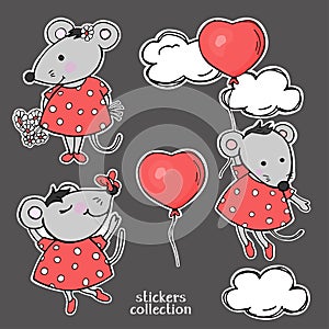 Seth with cute funny mice. Mouse with flowers, butterfly and balloon. Collection of stickers.