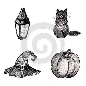 Seth drawn by hand in black ink in sketch style. cat, pumpkin, witch hat and street lamp