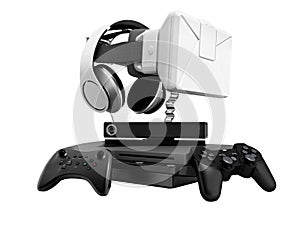 Seth game consoles with joysticks for doubles with virtual reality glasses 3d render on white background no shadow