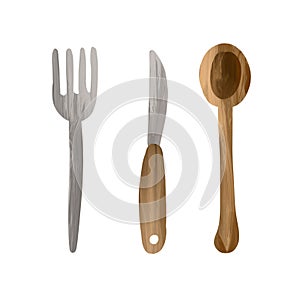 Seth knife, fork and spoon on an isolated white background. Kitchen tools, cutlery. Logo.