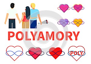 Seth polyamory. Two guys and a girl hold hands and hug. Several symbols of polyamoria - hearts and infinity sign in photo