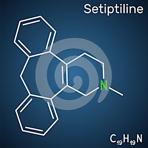 Setiptiline molecule. It is tetracyclic antidepressant TeCA. Structural chemical formula on the dark blue background