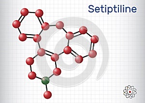 Setiptiline molecule. It is tetracyclic antidepressant TeCA. Structural chemical formula and molecule model. Sheet of paper in a