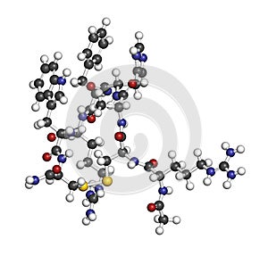 Setmelanotide drug molecule (MC4 receptor agonist). 3D rendering. Atoms are represented as spheres with conventional color coding