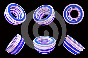 Sets of 3D abstract ring model with color lines white, pink, blue on the black background