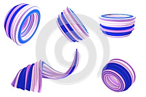 Sets of 3D abstract rings and line model with color lines white, pink, blue on the white background