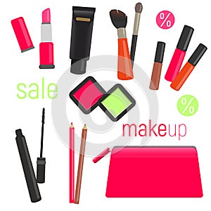 Sets of cosmetics on isolated background. Cosmetic bag with tools for professional make-up: lipstick, mascara, eyeshadow