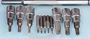 Interchangeable torx bits for screwdriver and mini screwdriver close-up