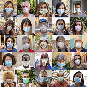 Sets of positive people portraits wearing masks during the coronavirus period