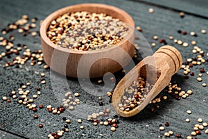 Sets quinoa seeds on a wooden bowl. Healthy and diet superfood product. Food recipe background. Close up