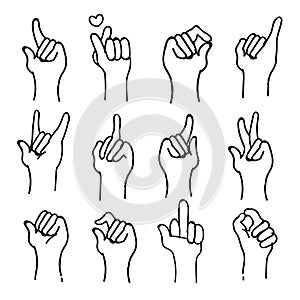 sets of Sign Language Theme Doodle Collection In White Isolated Background, vector illustration