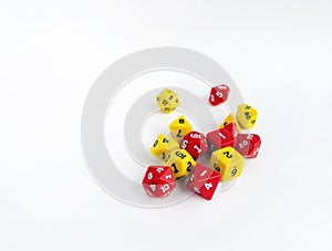 Sets of yellow and red dices for rpg, dnd or board games on white background