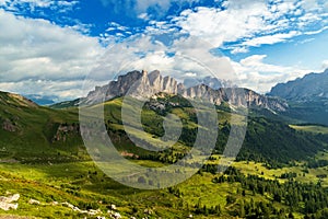 Setsas mountain ridge from hiking trail bellow Col di Lana hill summit in the Dolomites photo