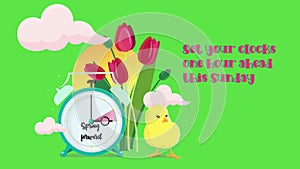 Setting clocks ahead. DST saving time banner animation with tulips, sunset, chick and clouds. Spring forward. Chroma key