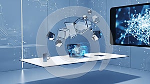 Setting with a floating white desk featuring a laptop displaying