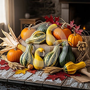 The setting includes red maple leaves enhancing the fall theme