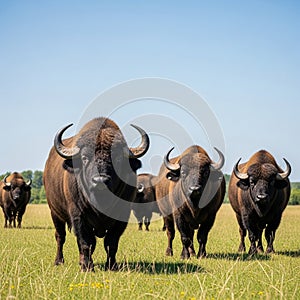 The setting is open and expansive with a clear blue sky and a line