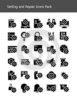 Setting and repair solid glyph silhouette icon pack