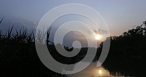 Setting sun behind the clouds over a lake scenic view with plants in foreground