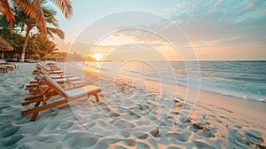 The setting sun casts a warm glow over the beach