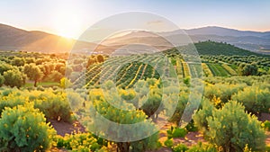 The setting sun casts a warm glow over a vineyard nestled in the rolling hills, Olive tree fields in Greece with a beautiful