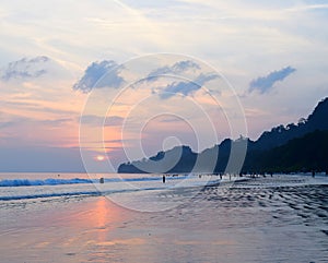 Setting Sun with Colorful Sky at Crowded Radhanagar Beach, Havelock Island, Andaman, India