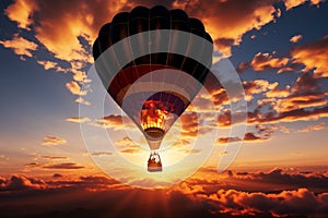 The setting sun forms a captivating silhouette of a ballooning adventure