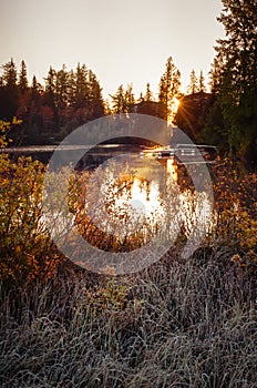 Setting of the sun at mountain lake in Slovakia