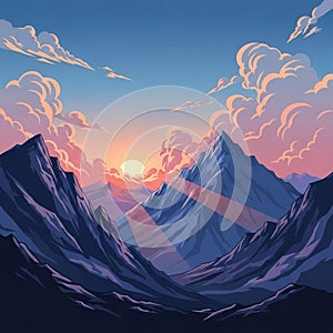 Setting sun with rays casting light, surrounded by fluffy clouds in