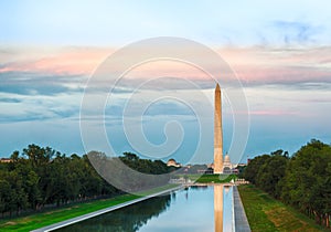 Setting sun on Washington monument reflecting