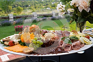 Setting of the table with food for breakfast, bread, beverage, shallow focus, cafe, hotel buffet