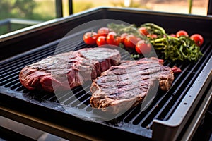 setting a trimmed ribeye steak on a grill pan