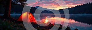 Setting up camp, dusk over tranquil lake, campfire ablaze , reflection, twilight, bonfire