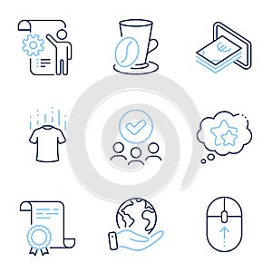 Settings blueprint, Dry t-shirt and Ranking stars icons set. Swipe up, Cash and Coffee cup signs. Vector