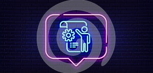 Settings blueprint line icon. Engineering cogwheel tool sign. Neon light speech bubble. Vector