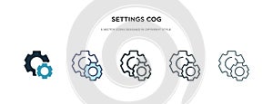 Settings cog icon in different style vector illustration. two colored and black settings cog vector icons designed in filled,