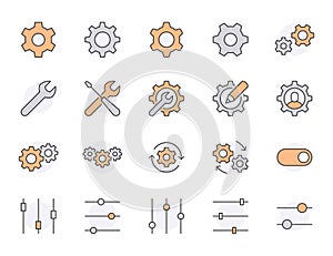 Settings flat line icons set. Cogwheell, mechanical wrench, spanner, professional, maintenance, configuration, vector