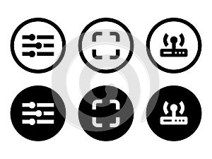 Settings, fullscreen and conect station icon in modern style icons are located on white and black backgrounds. The pack has six