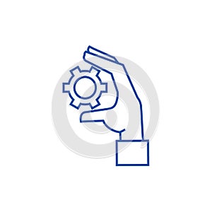 Settings gears in hand line icon concept. Settings gears in hand flat  vector symbol, sign, outline illustration.