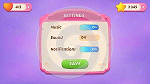Settings. GUI Kit casual assets for a game mobile, a set of user interface elements and pop-ups for the game interface