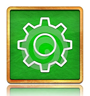 Settings icon chalk board green square button slate texture wooden frame concept isolated on white background with shadow