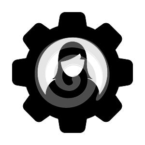 Settings icon vector female person profile avatar with gear cogwheel for configuration in flat color glyph pictogram