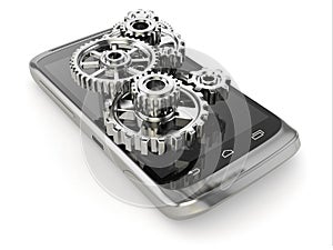 Settings of mobile phone. Gears on the screen.