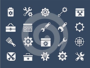 Settings and Tools Icon Set - White on Blue Background