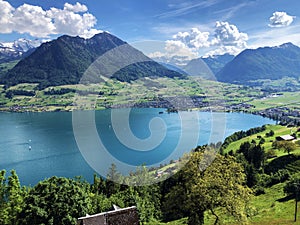 Settlement Buochs on the shores of Lake Luzerne or Vierwaldstaettersee Vierwaldsattersee, at the end of the Engelbergertal