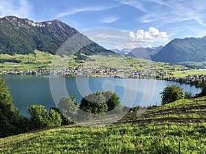 Settlement Buochs on the shores of Lake Luzerne or Vierwaldstaettersee Vierwaldsattersee, at the end of the Engelbergertal