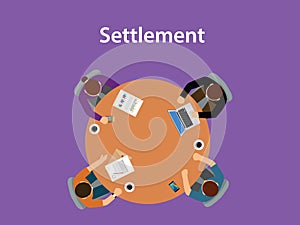 Settlement concept discussion illustration with for people meeting on a table with paperworks on top of the table