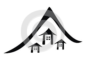 Settlement in the mountains, group of houses, symbol, vector illustration